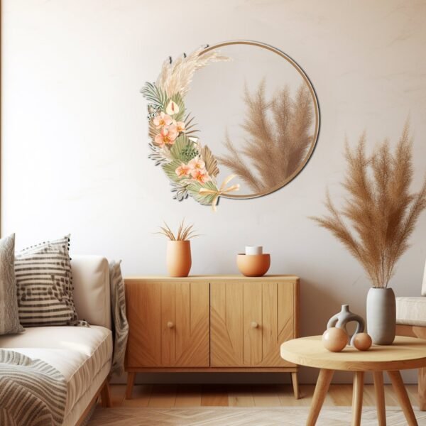 Bohemian mirror featuring pampas leaves and flower designs