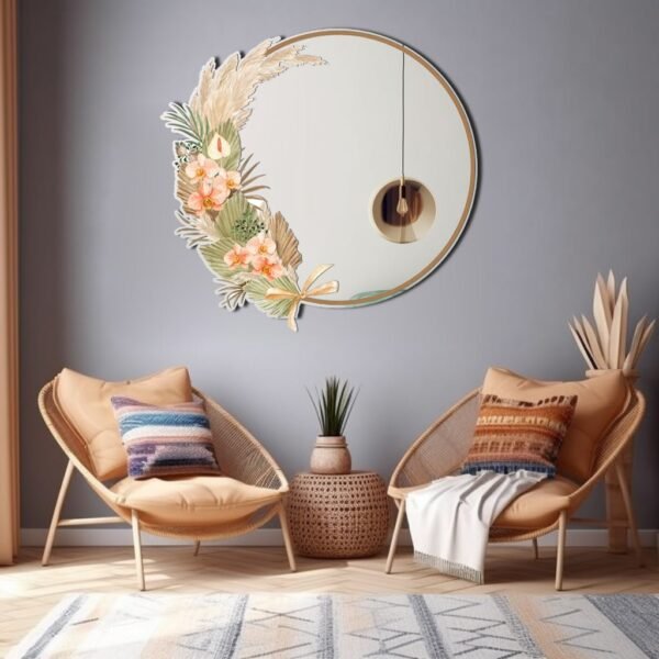 Bohemian-style mirror featuring pampas leaves and floral designs