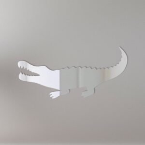 Alligator-shaped mirror with 'Welcome' sign.