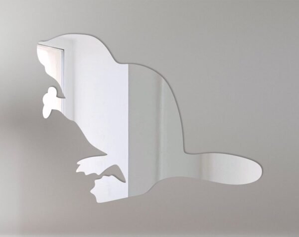 Beaver-shaped mirror with reflective surface and wooden frame.