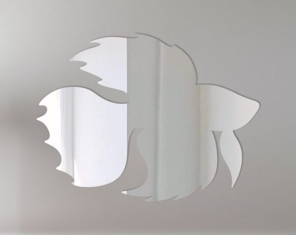 Decorative sign with a reflective surface shaped like a betta fish.