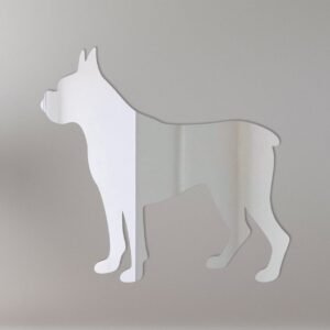 Boxer dog shaped mirror with 'Beware of the Dog' sign.