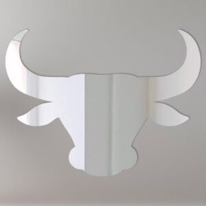 Bull-shaped mirror with reflective sign surface.