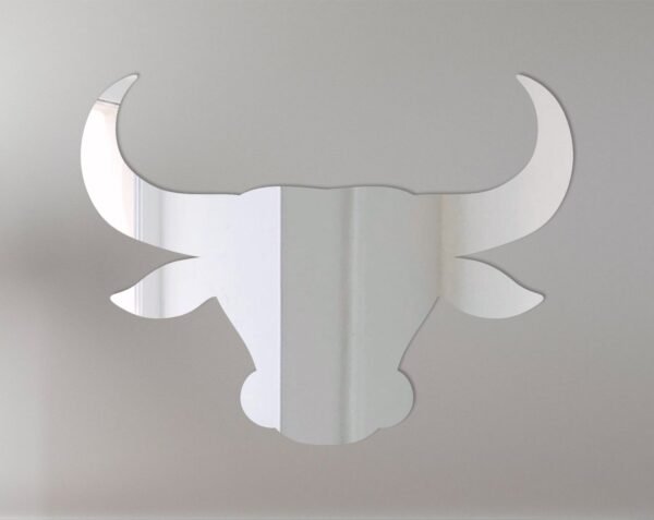 Bull-shaped mirror with reflective sign surface.