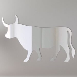 Bull shaped mirror with 'Welcome' text engraved on it.