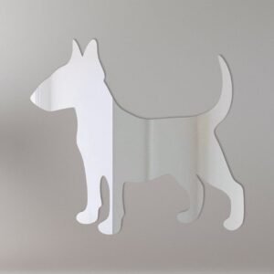 Bull Terrier shaped mirror with 'Welcome' sign.