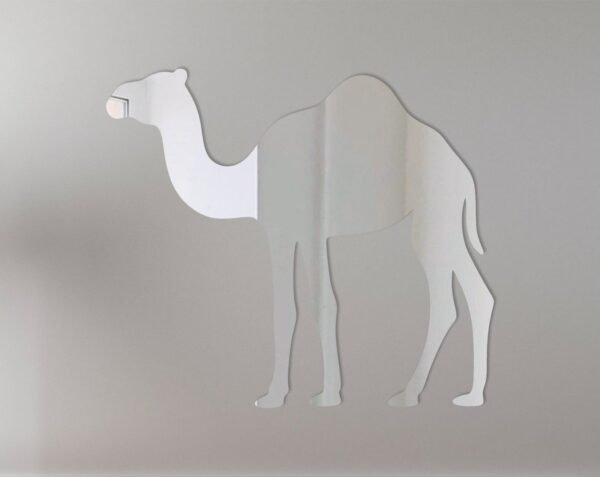 Reflective camel-shaped sign with a mirrored surface.