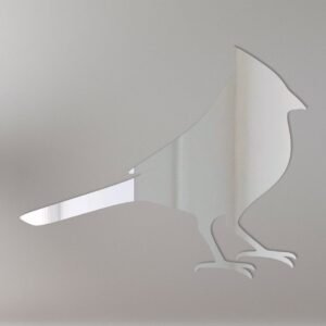 Red cardinal-shaped mirror with reflective surface and hanging fixture.