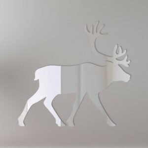 Caribou-shaped mirror with 'Welcome' sign in rustic wood frame.