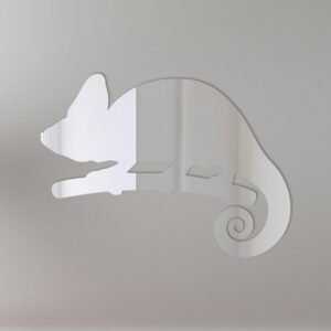 Chameleon-shaped mirror with colorful frame on white background.