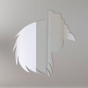 Mirror sign with a reflective chicken head design.