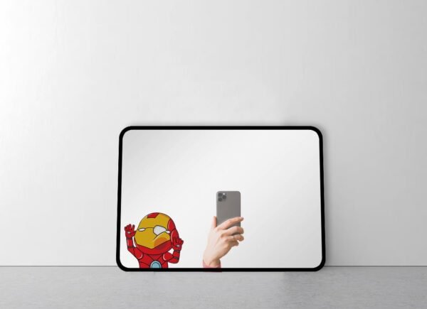 Iron Man graphic peeking over a mirror edge.