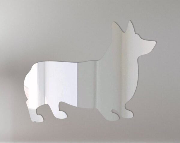 Corgi-shaped mirror with 'Welcome' text engraved at the top.