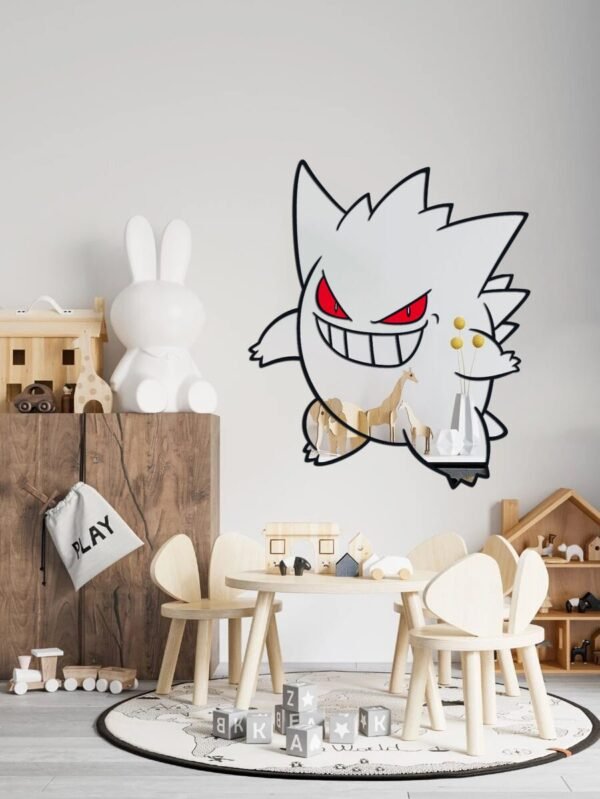 Person installing a Gengar mirror in a playroom.