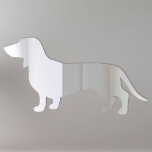 Dachshund-shaped mirror with 'Welcome' text in script.