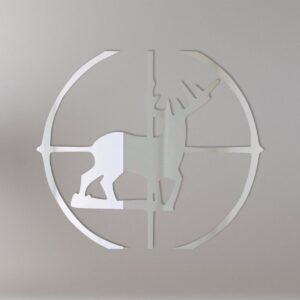 Round mirror with a deer silhouette in crosshairs design.