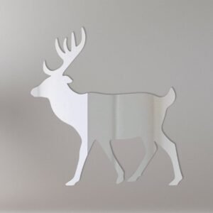 Reflective sign with a deer silhouette and forest backdrop.