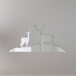 Mirror sign featuring an etched deer scene in a forest.