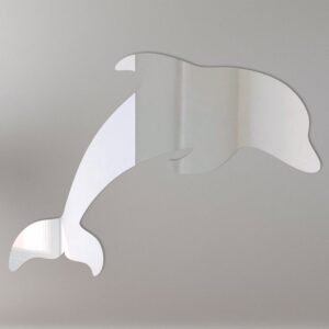 Dolphin-shaped mirror with reflective surface and hanging fixture.