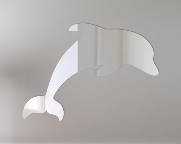 Dolphin-shaped mirror with reflective surface and hanging fixture.