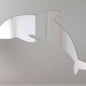 Dolphin-shaped mirror with reflective surface and hanging fixture.