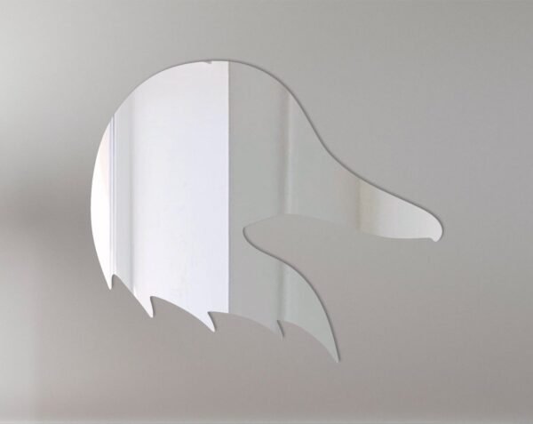 Duck-shaped mirror with 'Welcome' sign hanging on a wall.