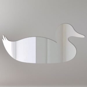 Reflective duck-shaped mirror with 'Welcome' sign.