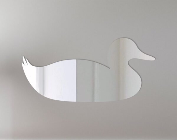 Reflective duck-shaped mirror with 'Welcome' sign.