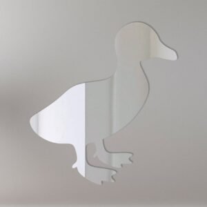 Duckling-shaped mirror with 'Welcome' sign.