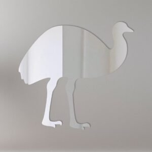 Emu-shaped mirror with reflective surface and decorative frame.