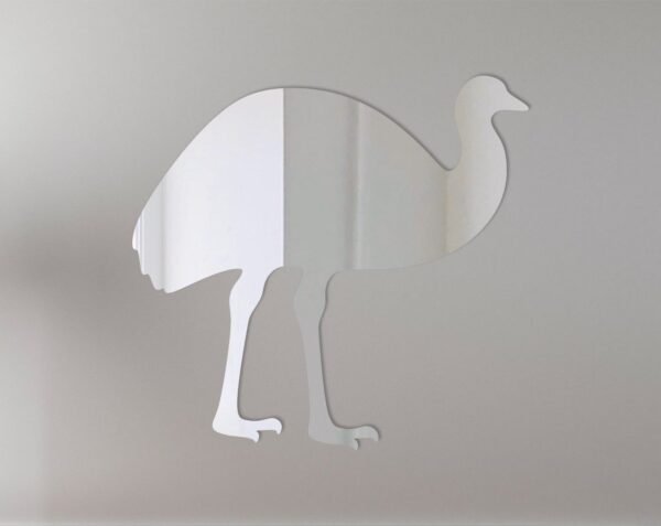 Emu-shaped mirror with reflective surface and decorative frame.