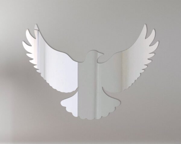 Mirror sign with a silhouette of a flying dove cutout.