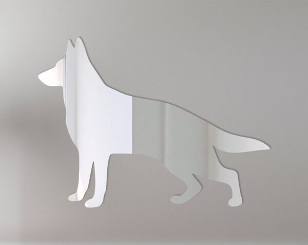 German Shepherd shaped mirror with 'Welcome' sign.