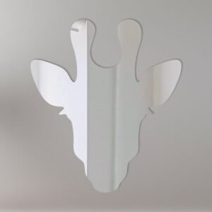 Giraffe-shaped mirror with 'Welcome' sign on the neck.