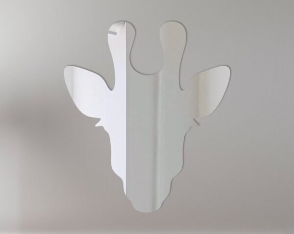 Giraffe-shaped mirror with 'Welcome' sign on the neck.