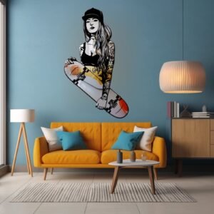 Wall mirror featuring a design of a girl with a tattoo holding a skateboard