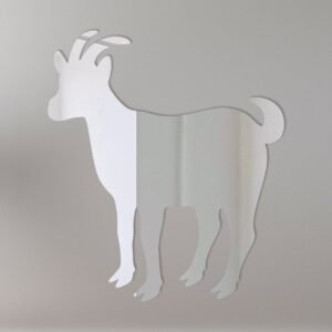 Decorative goat-shaped mirror with a wooden frame hanging on a wall.