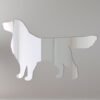 Golden Retriever-shaped mirror with 'Welcome' sign.