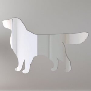 Golden Retriever-shaped mirror with 'Welcome' sign.