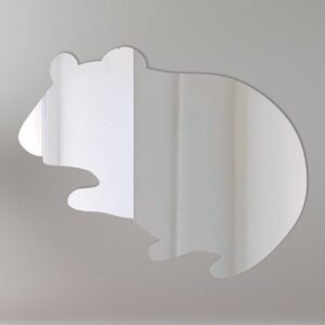 Hamster looking at its reflection in a small mirror sign.