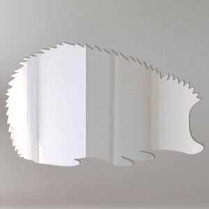 Reflective hedgehog-shaped sign with a mirrored finish.