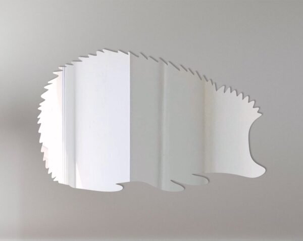 Reflective hedgehog-shaped sign with a mirrored finish.