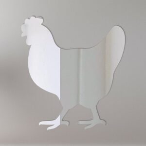 Hen-shaped mirror with 'Welcome' sign hanging on a rustic wooden fence.