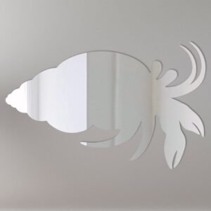 Hermit crab-shaped mirror with 'Welcome' sign.