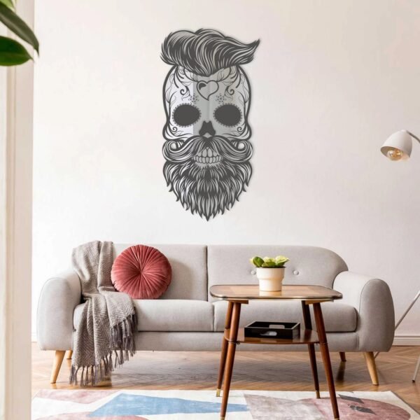 Skull-shaped mirror with hipster beard and hair details.