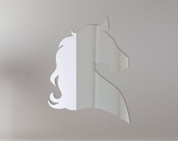 Horse head silhouette on a reflective mirror sign.