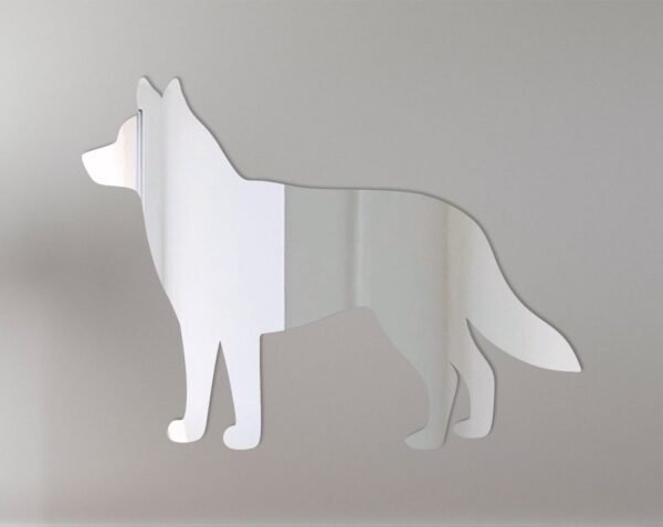 Husky-shaped mirror with 'Welcome' text on wooden frame.
