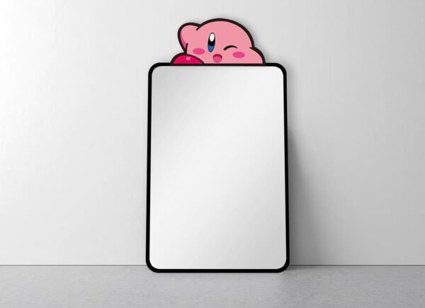 Wall-mounted Kirby mirror and sneaker peeker sign.