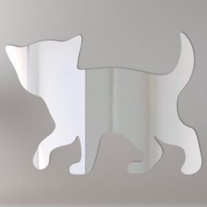 Kitten-shaped mirror with 'Welcome' text in cursive.