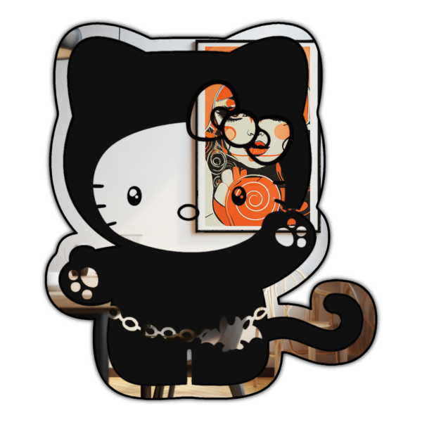 Kitty-shaped mirror with Halloween-themed decorations.